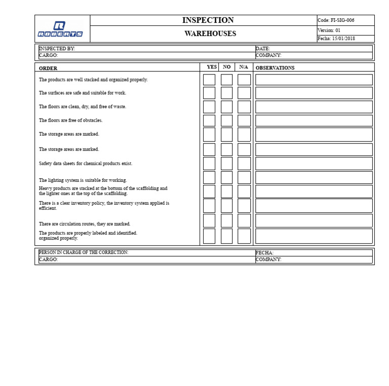 Warehouse Inspection Checklist 2018 | PDF