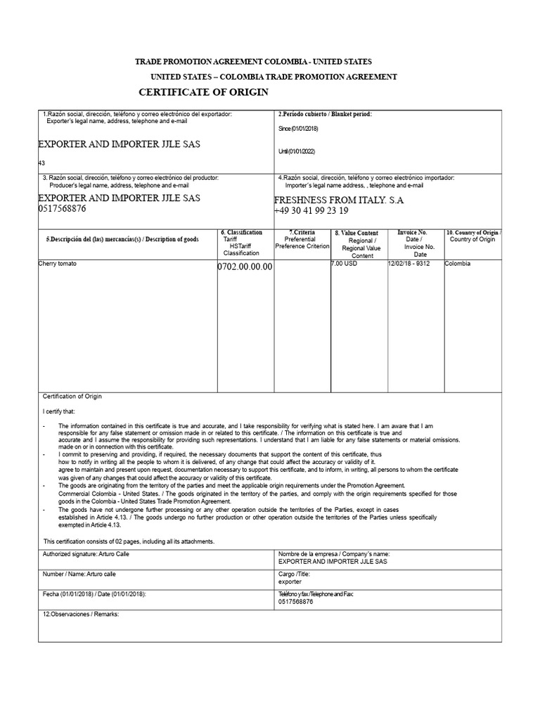 Suggested Format Certificate of Origin Cherry | PDF | International ...