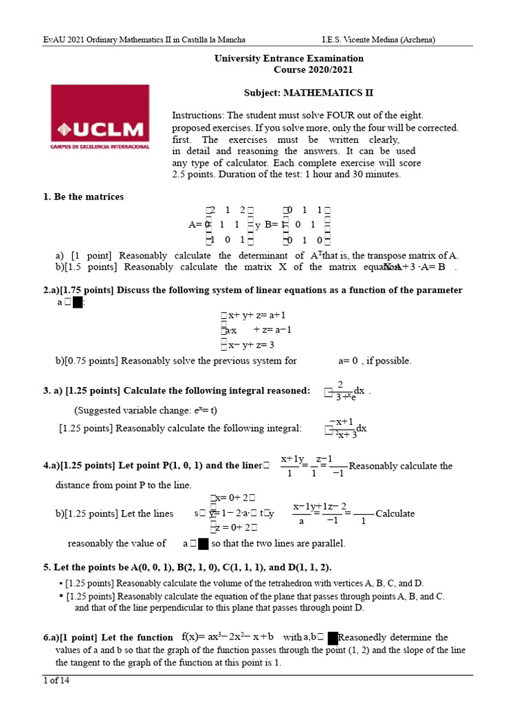 Resolved Exam EBAU Mathematics II 2021 - Castilla La Mancha - Ordinary ...