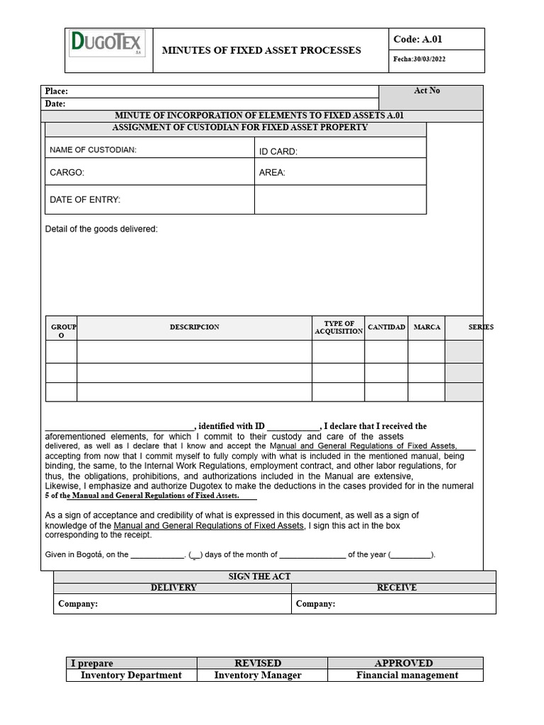 Fixed Asset Custodian Assignment Minutes | PDF | Business