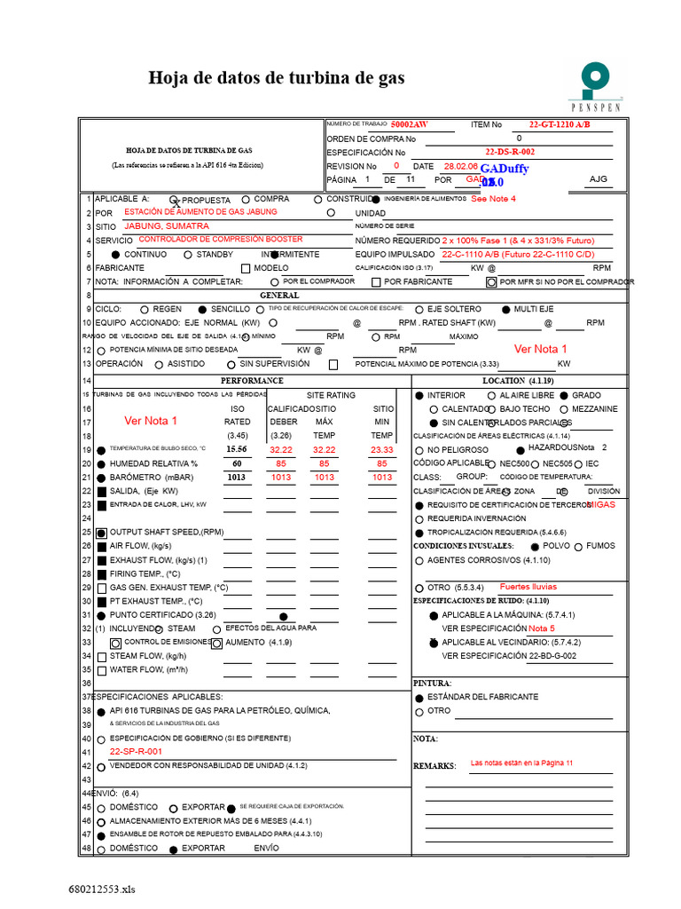 22-DS-R-002 Rev 0 Hoja de Datos de Turbinas API 616 | PDF | Turbina | Vapor