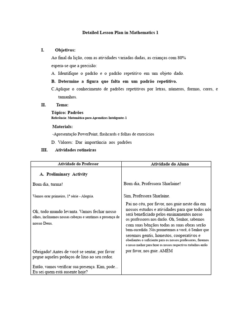 Plano de Aula Detalhado em Matemática 1 - Padrões Repetitivos | PDF