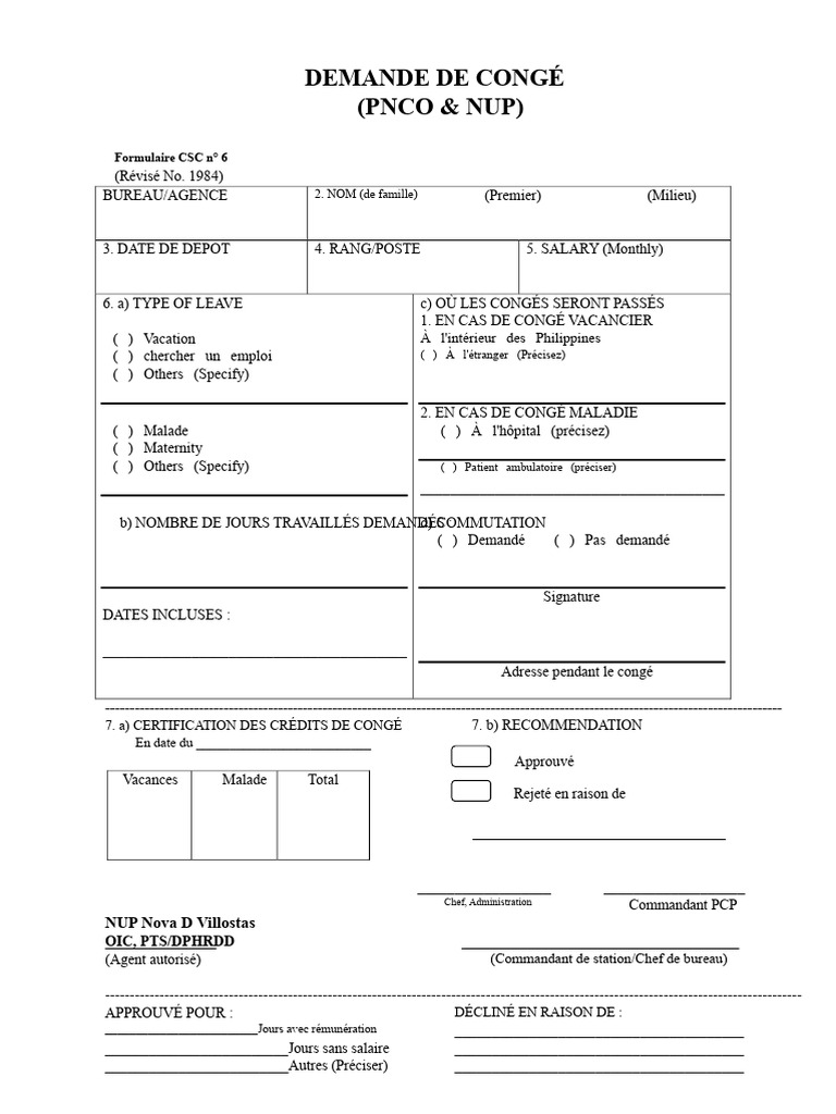 Formulaire de demande de congé CSC n° 6 | PDF