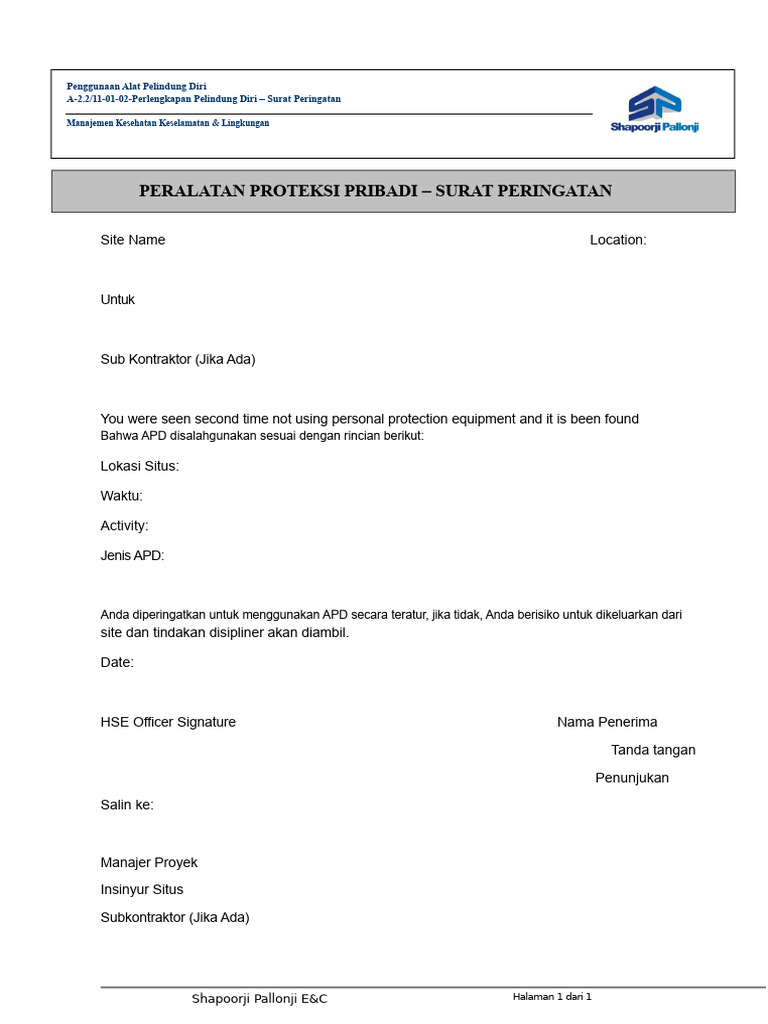 Peringatan Penggunaan APD di Lokasi Kerja | PDF