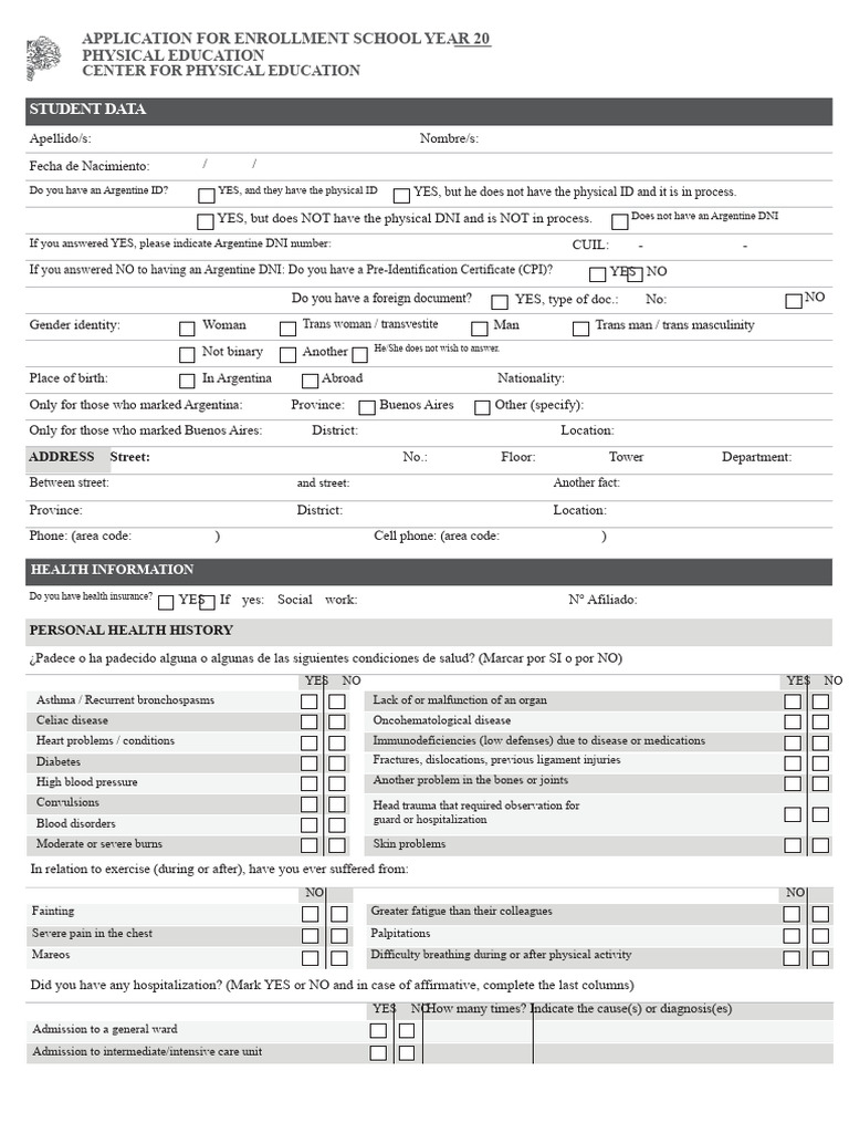Enrollment Application for Physical Education | PDF | Medicine ...