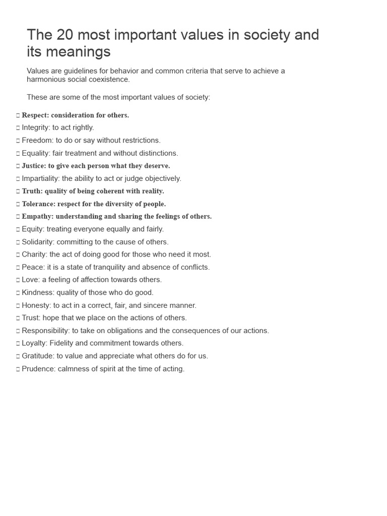 Top 20 Essential Societal Values | PDF