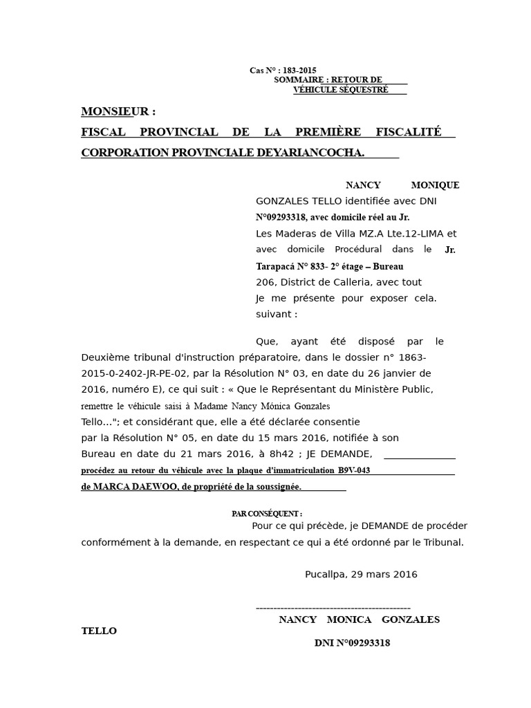 Demande de restitution véhicule saisi PDF Justice Crime et violence