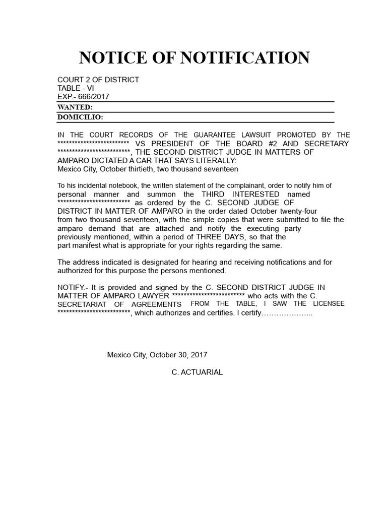Court Notification for Amparo Lawsuit | PDF