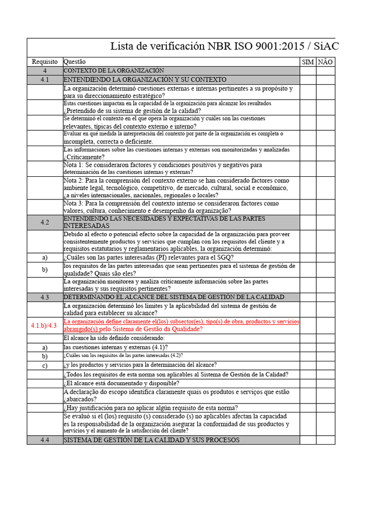 Verificación del Sistema de Gestión de Calidad NBR ISO 9001 | PDF ...
