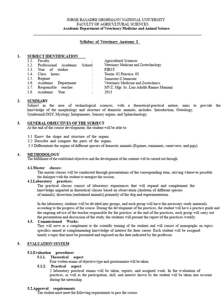 Veterinary Anatomy I Syllabus Overview | PDF | Skin | Skeleton