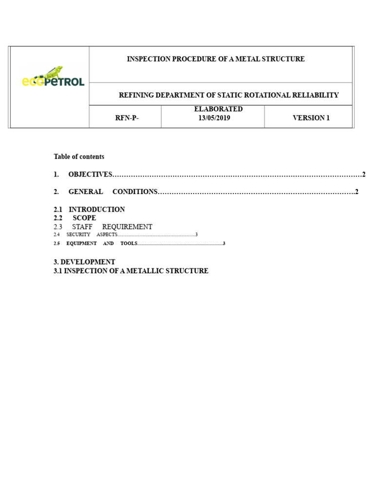 Metal Structure Inspection Procedure | PDF | Concrete | Welding
