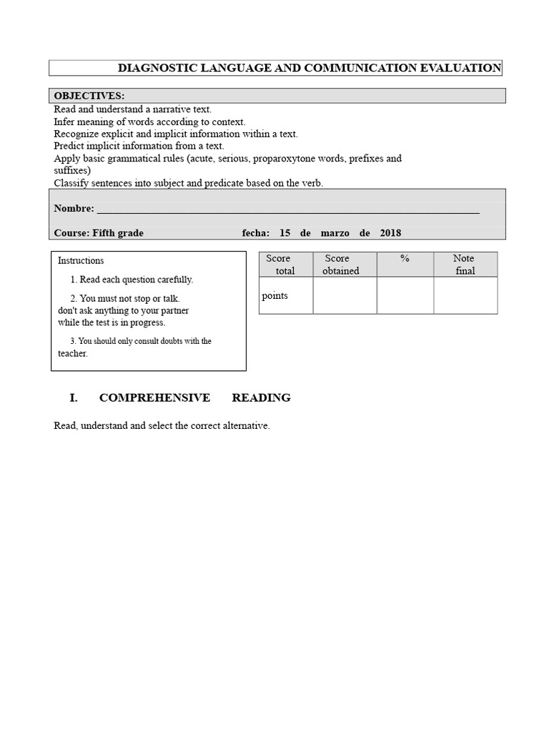 Diagnostic Language Evaluation for 5th Grade | PDF | Reading ...
