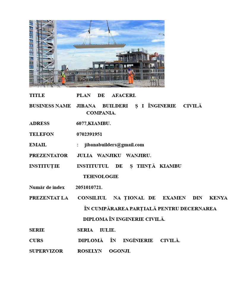 Plan de Afaceri Pentru Jibana Builders Și Compania de Construcții | PDF