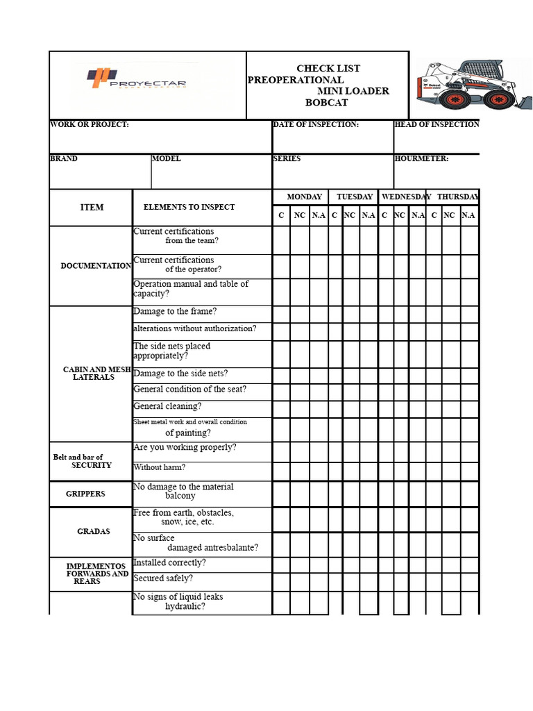 Mini Loader Pre-Operational Inspection Checklist | PDF | Leak | Loader ...