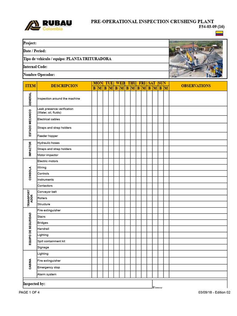 Pre-Operational Inspection Checklist for Crushing Plant | PDF