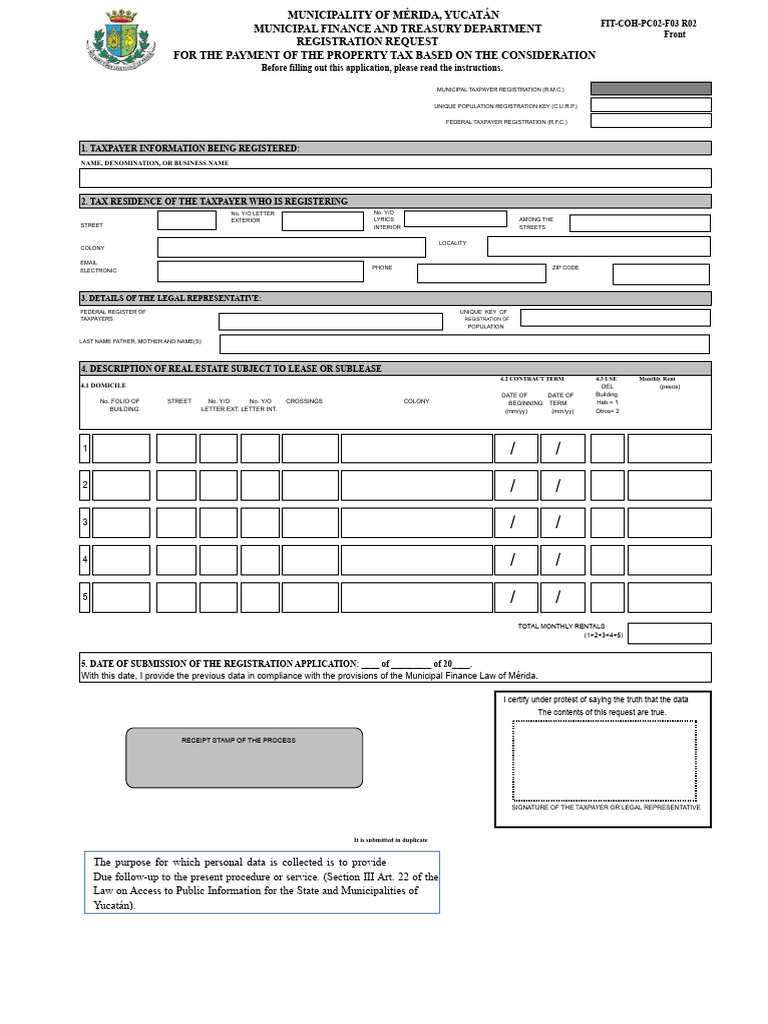 Mérida Property Tax Registration Form | PDF | Identity Document ...