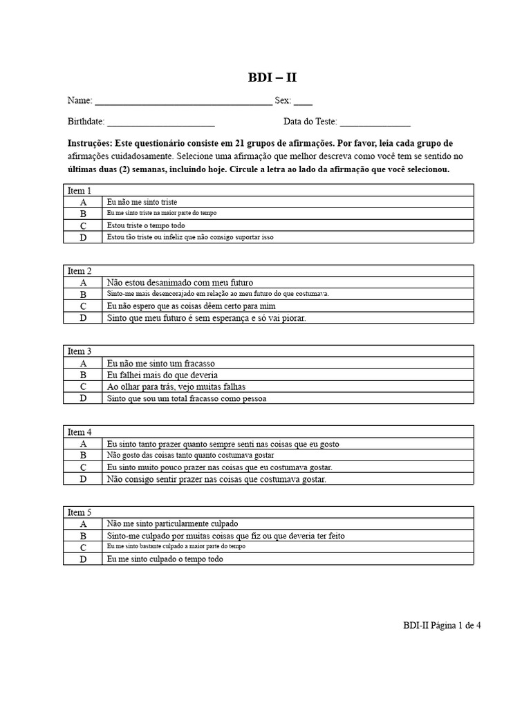 Inventário de Depressão Beck II: Avaliação | PDF