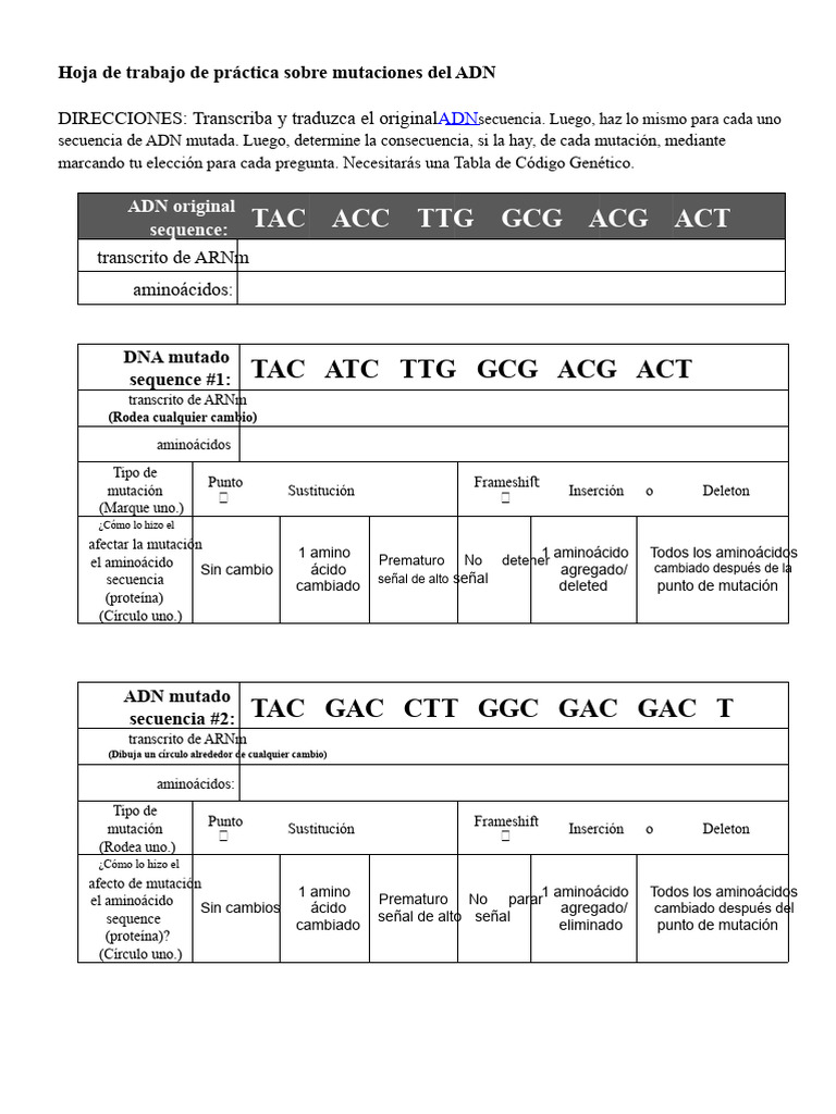 Práctica sobre mutaciones del ADN | PDF | Codigo genetico | Mutación