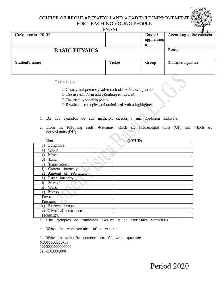 Basic Physics Exam | PDF | Force | Mass