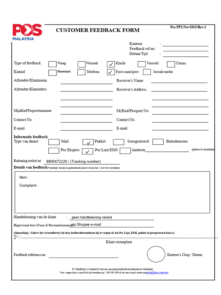 Klantenfeedbackformulier (Vul in Door de Klant) Pos LAJU | PDF