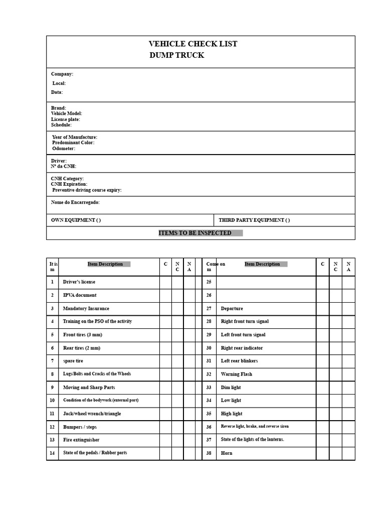 Dump Truck Vehicle Inspection Checklist | PDF | Vehicles | Truck