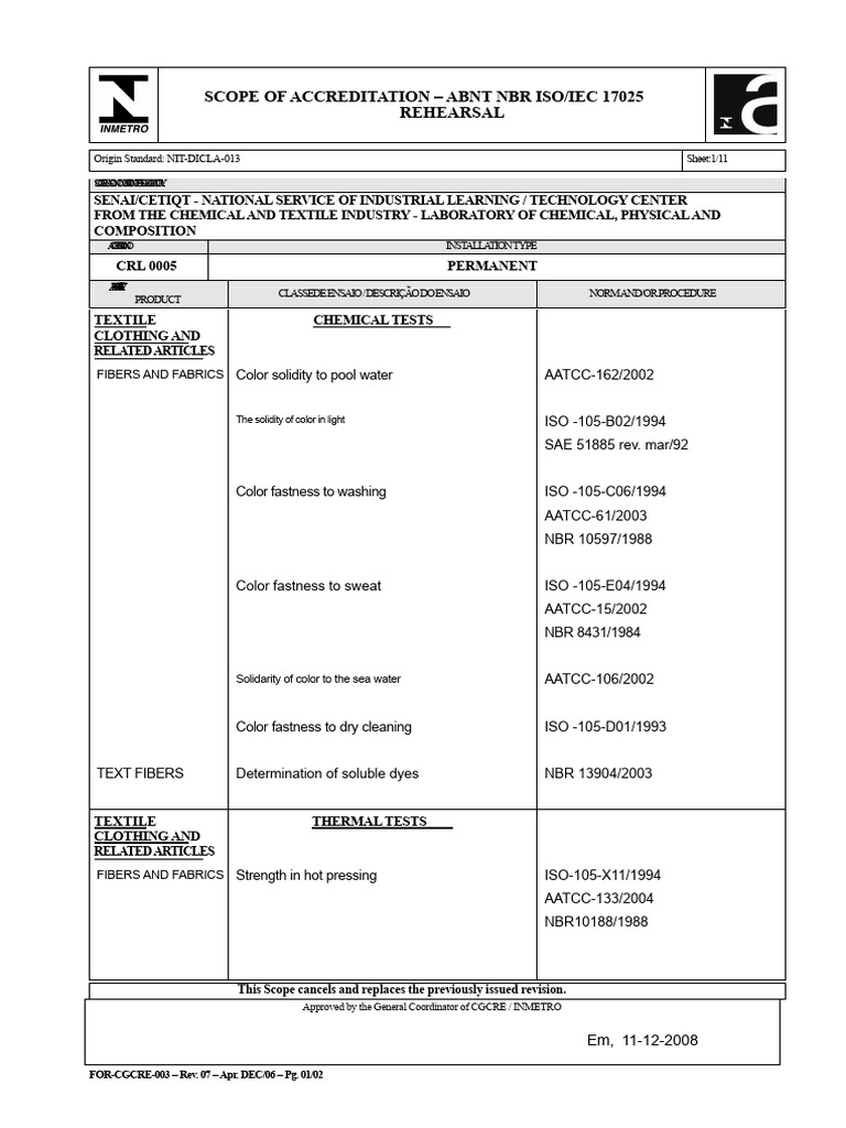 ABNT NBR ISO/IEC 17025 Accreditation Scope | PDF | Textiles ...