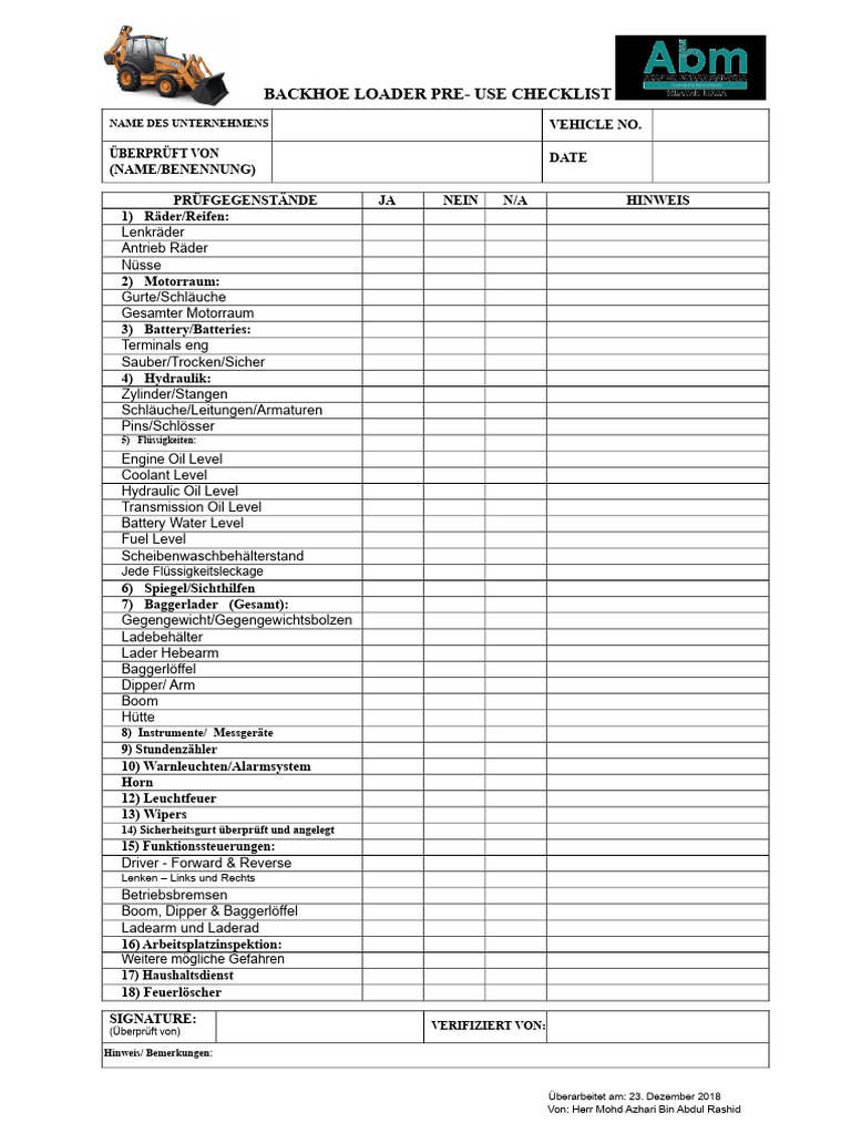 Bagger Checkliste | PDF