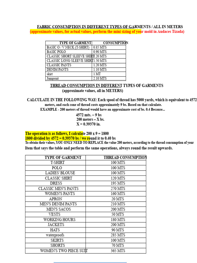 Fabric and Thread Consumption by Garment | PDF | Clothing | Trousers