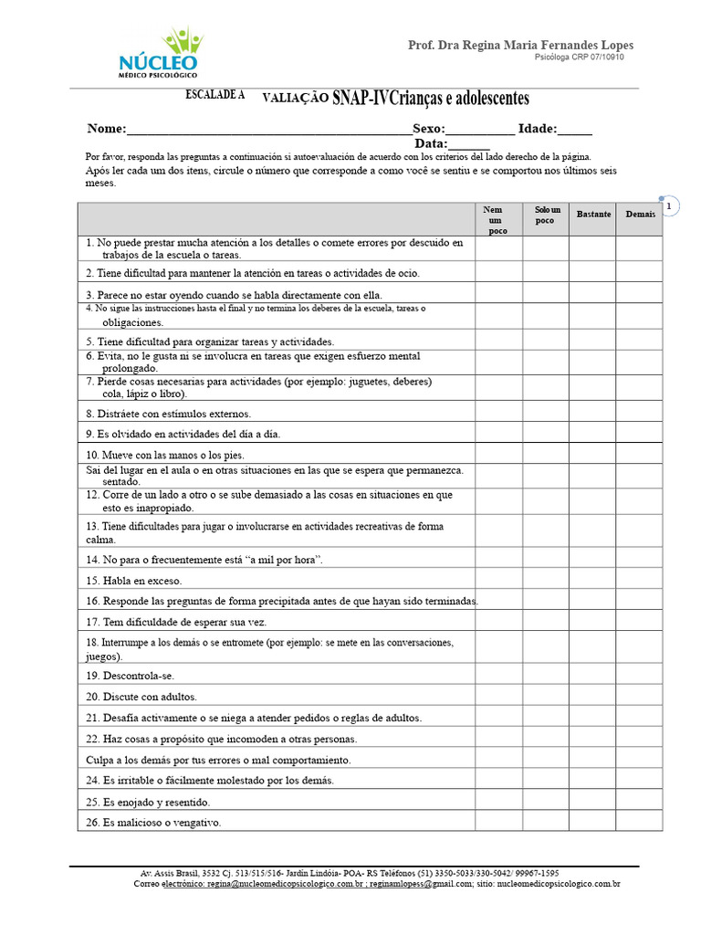 Evaluación SNAP-IV para TDAH en Niños | PDF | Desorden hiperactivo y ...