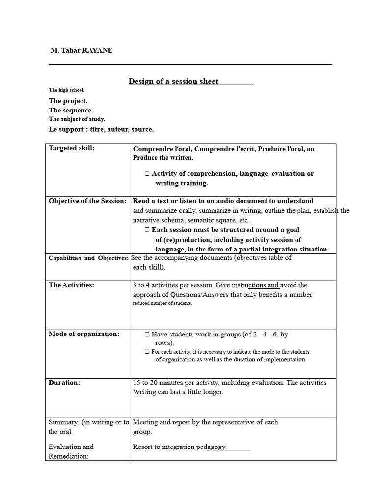 Session Sheet Design for Language Skills | PDF