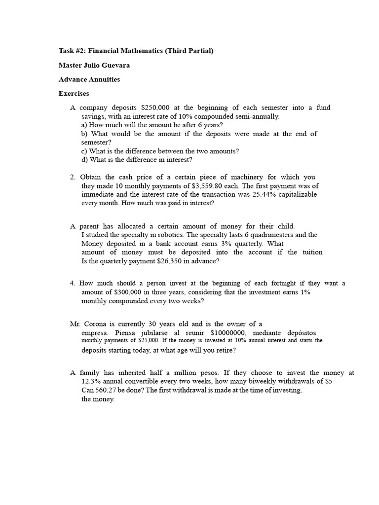 Financial Mathematics Exercises on Annuities | PDF