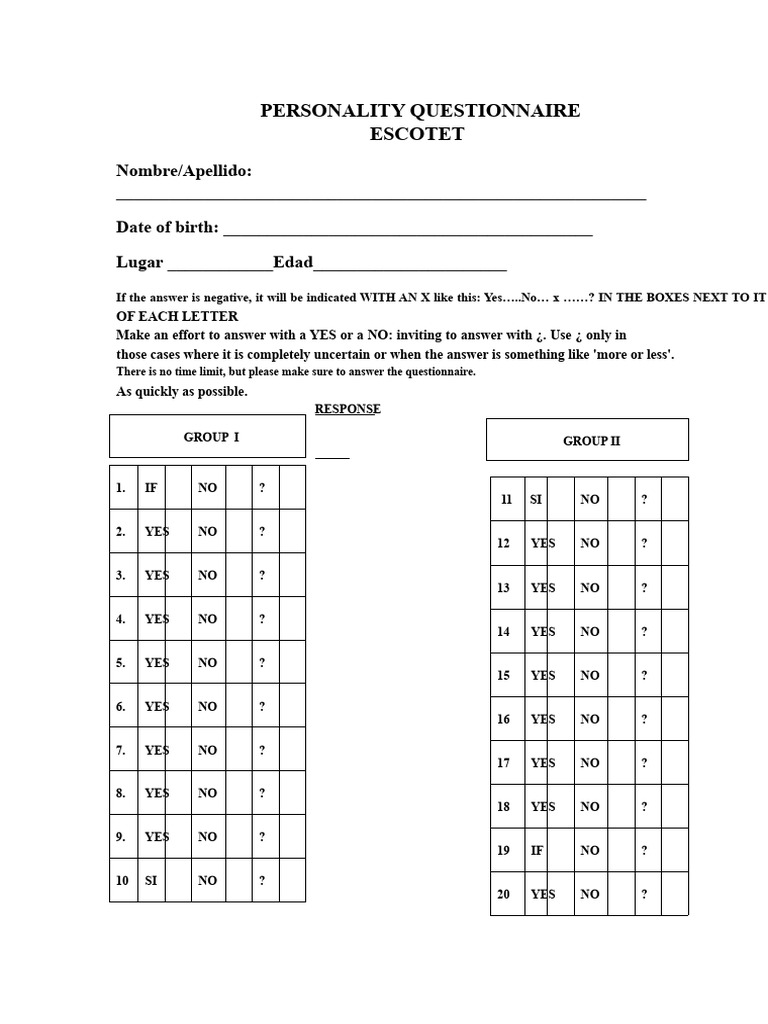 Personality Questionnaire for Self-Assessment | PDF | Psychological ...