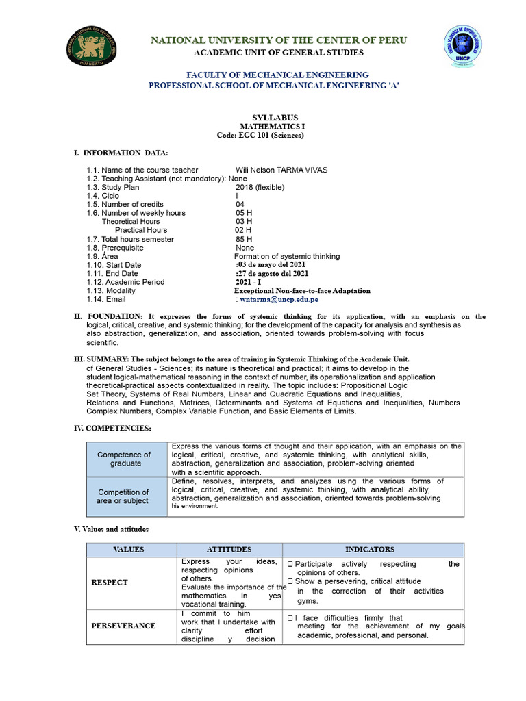 Mathematics I Syllabus for Engineering Students | PDF | Function ...