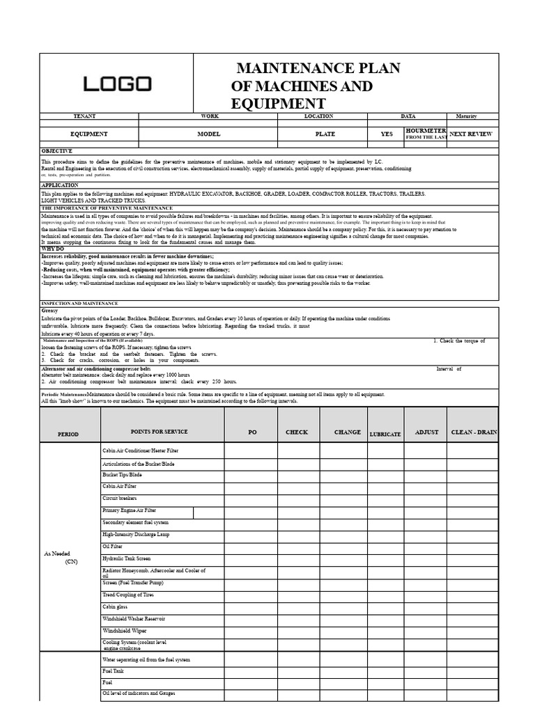 Maintenance Plan Model For Machines and Equipment | PDF | Reliability ...