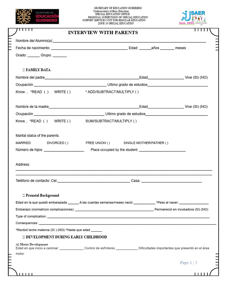 Special Education Parent Interview Form | PDF