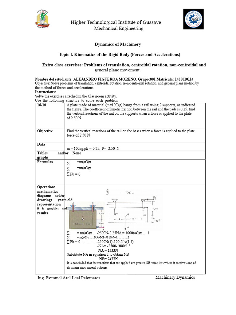 Dynamics of Machinery Exercises and Solutions | PDF | Force | Applied ...
