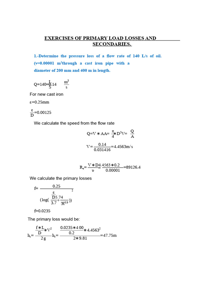 Exercises On Primary and Secondary Head Losses. | PDF | Dynamics ...