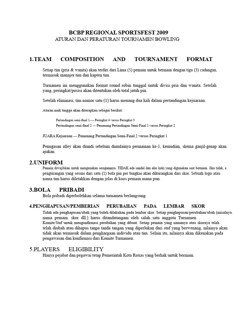Aturan Turnamen Bowling BCBP 2009 | PDF