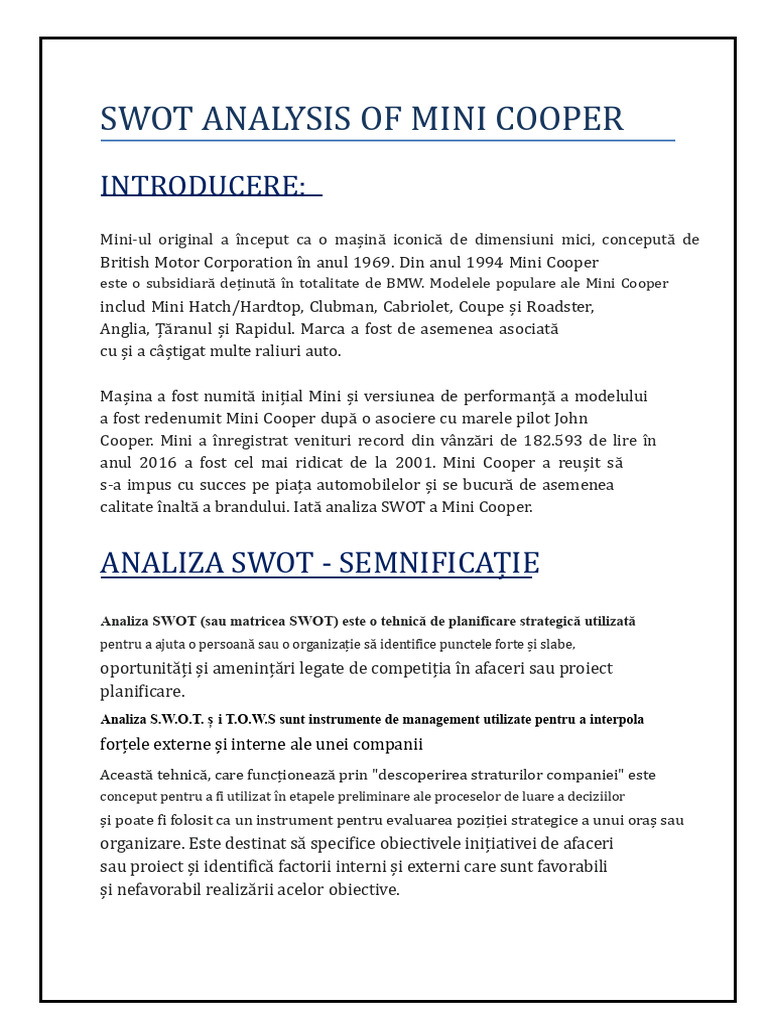 Analiza Swot A Mini Cooper | PDF