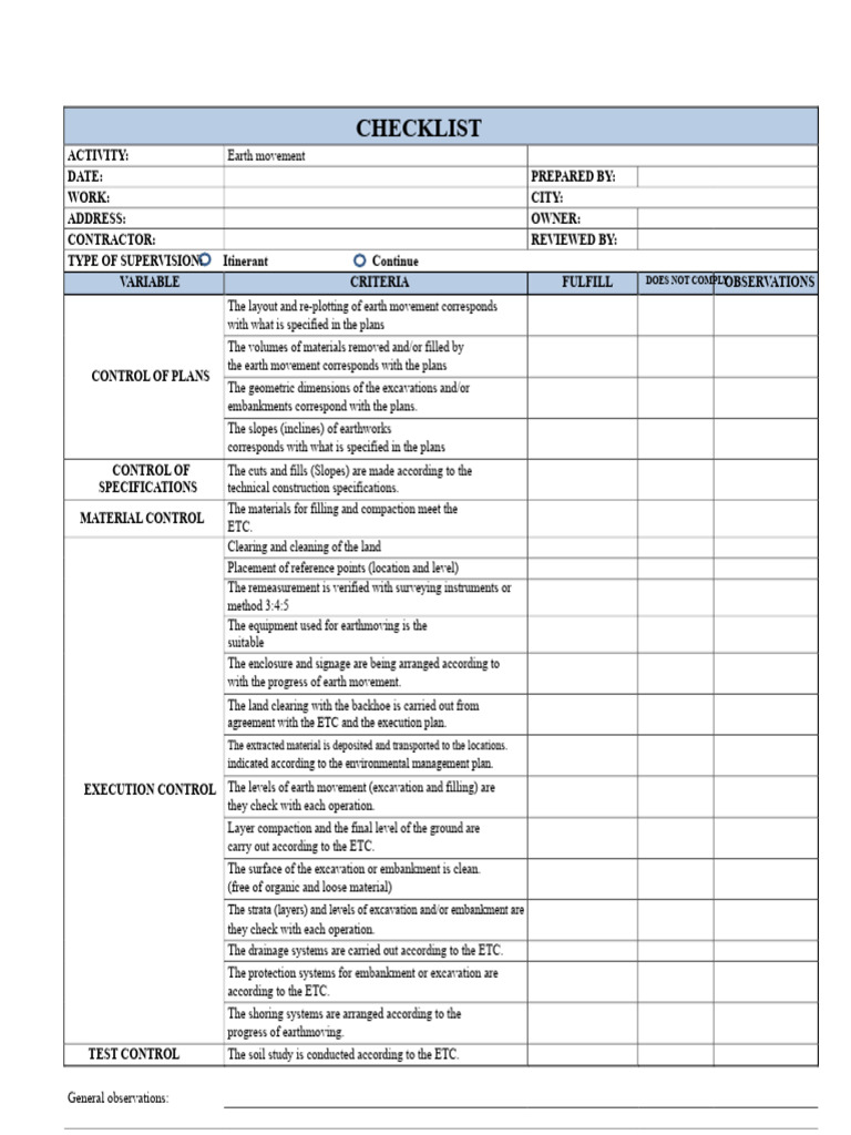 Earth Movement Supervision Checklist | PDF | Specification (Technical ...