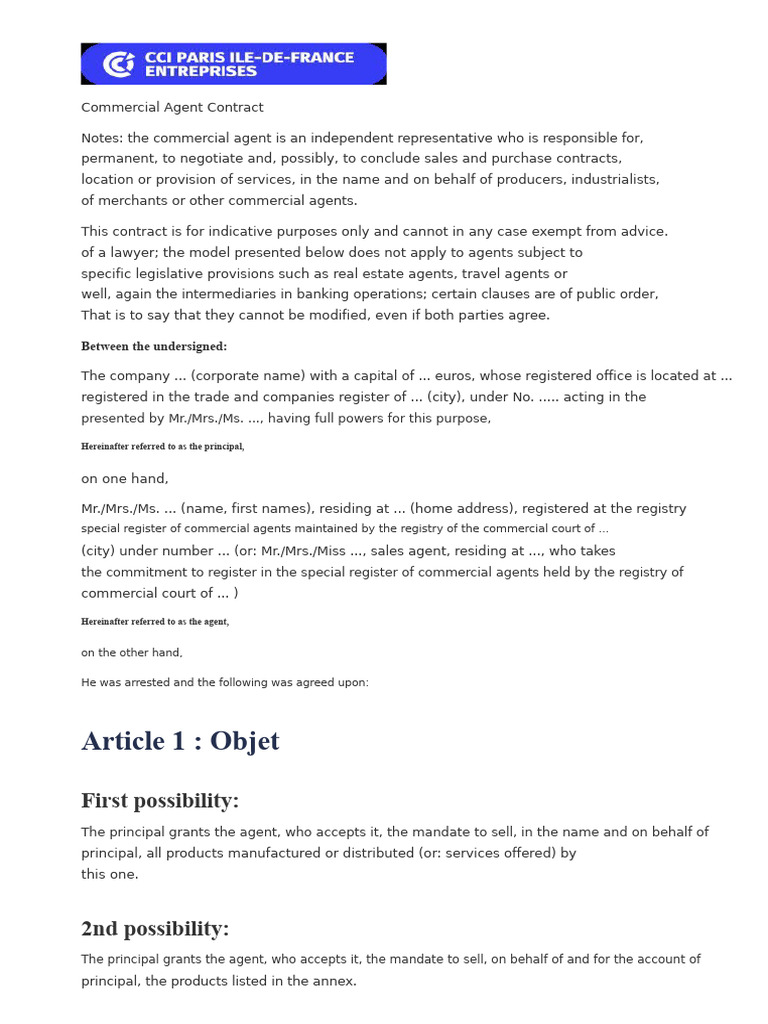 Commercial Agent Contract CCI | PDF | Intermediary | Indemnity