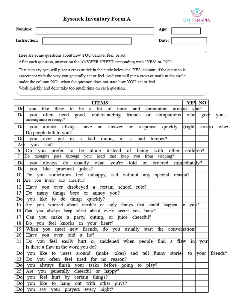 Eysenck Personality Inventory Form A | PDF | Extraversion And ...