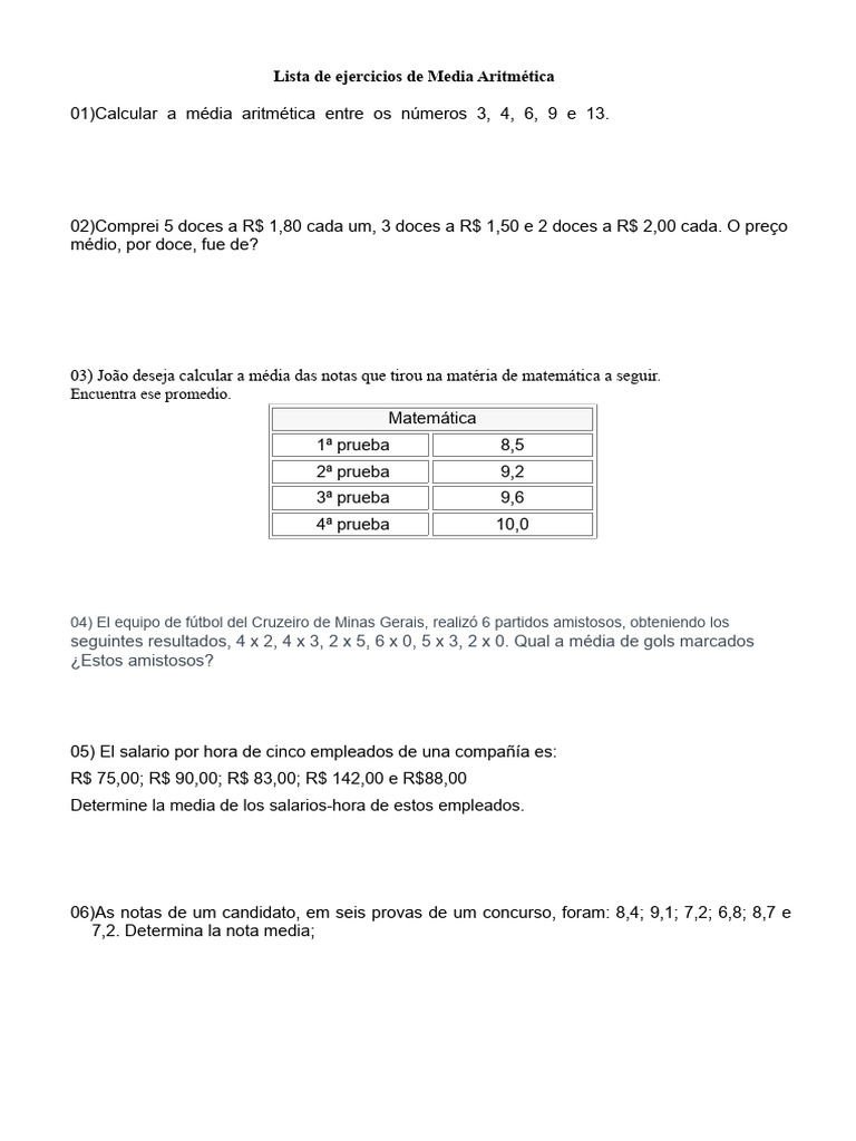 Lista de Ejercicios de Media Aritmética | PDF
