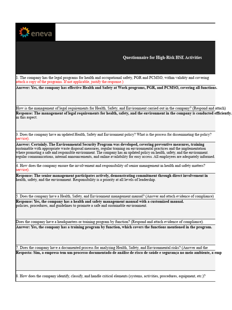 High-Risk HSE Activities Questionnaire | PDF | Occupational Safety And ...