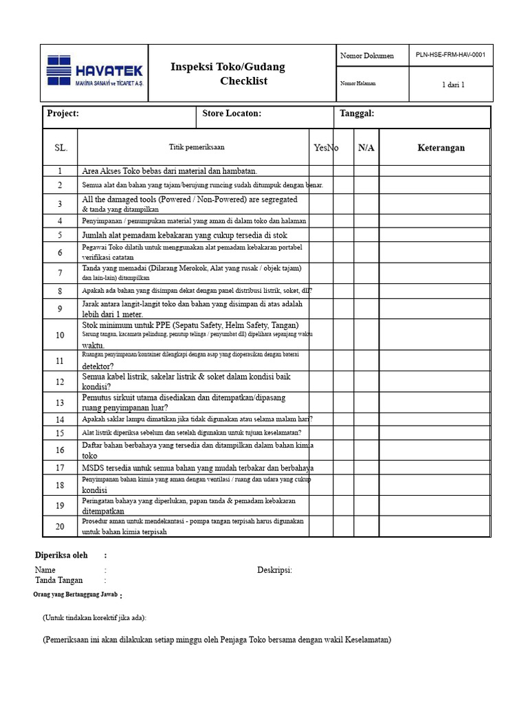 Checklist Inspeksi Keselamatan Toko | PDF