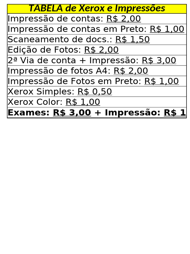 Preços de Impressão e Xerox | PDF