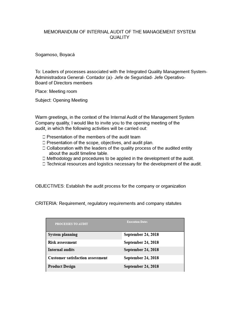 Internal Audit Opening Meeting Memo | PDF | Audit | Internal Audit