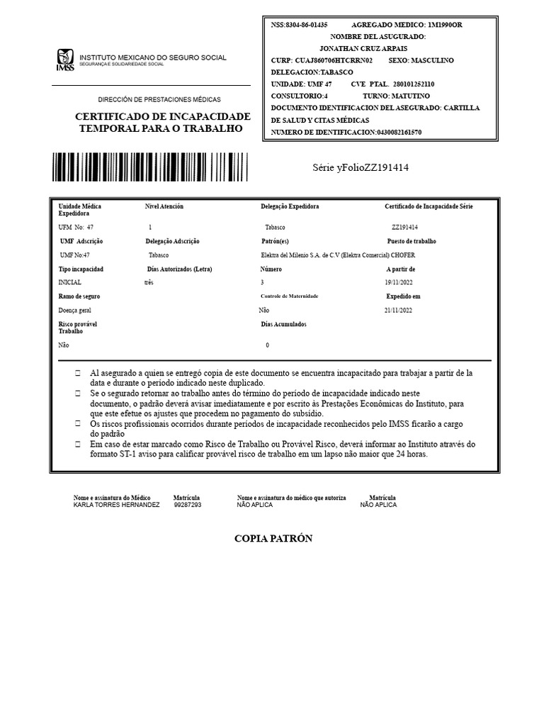 Certificado de Incapacidade IMSS - Jonathan Cruz | PDF