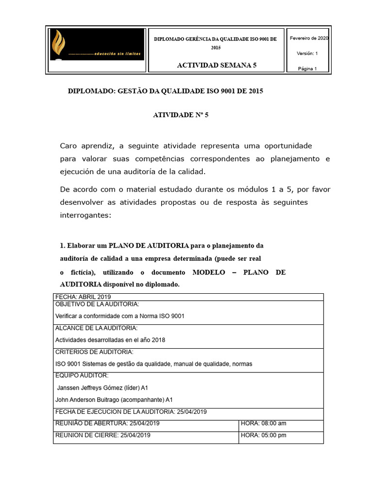 Plano e Relatório de Auditoria ISO 9001 | PDF | Gestão de qualidade ...