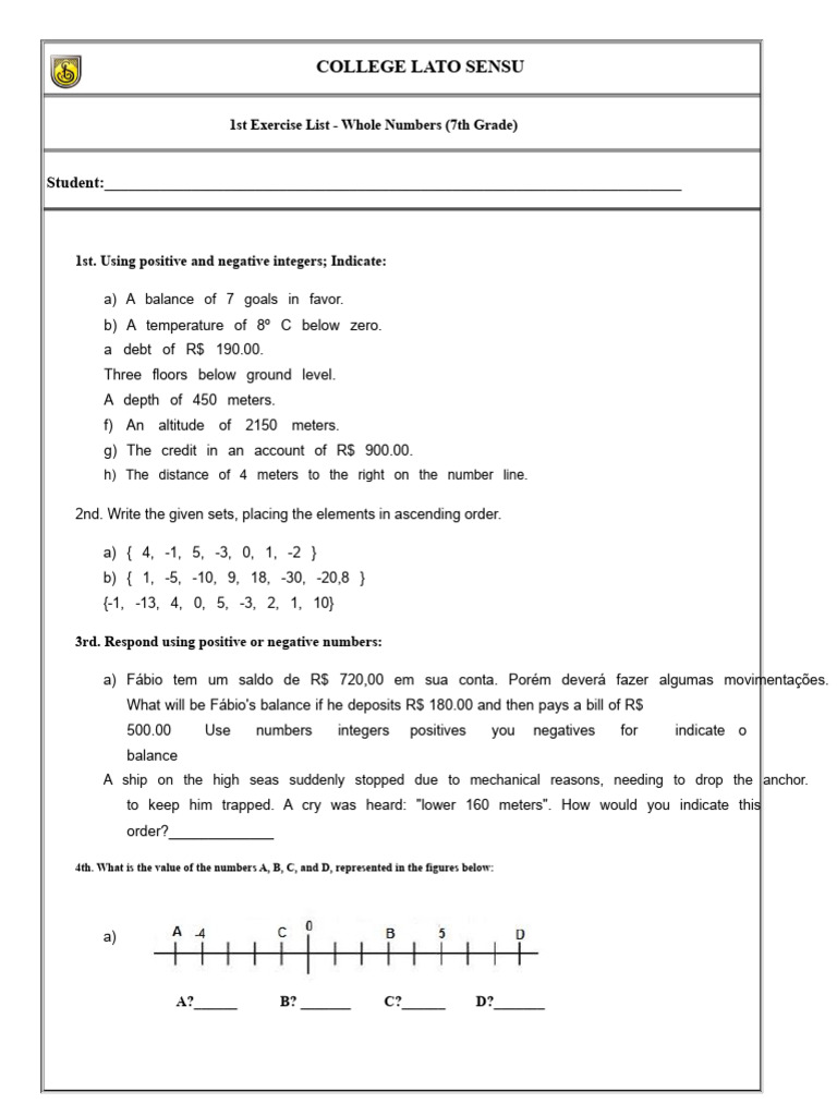 1st Exercise List - 7th Grade Integers COMPLETED | PDF | Mathematics